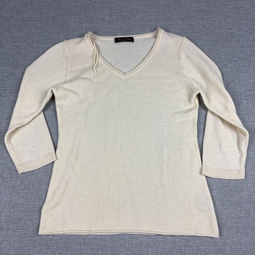 Claudia Nichole Sweater Womens M White Cashmere V Neck 3/4 Sleeve Knit Pullover